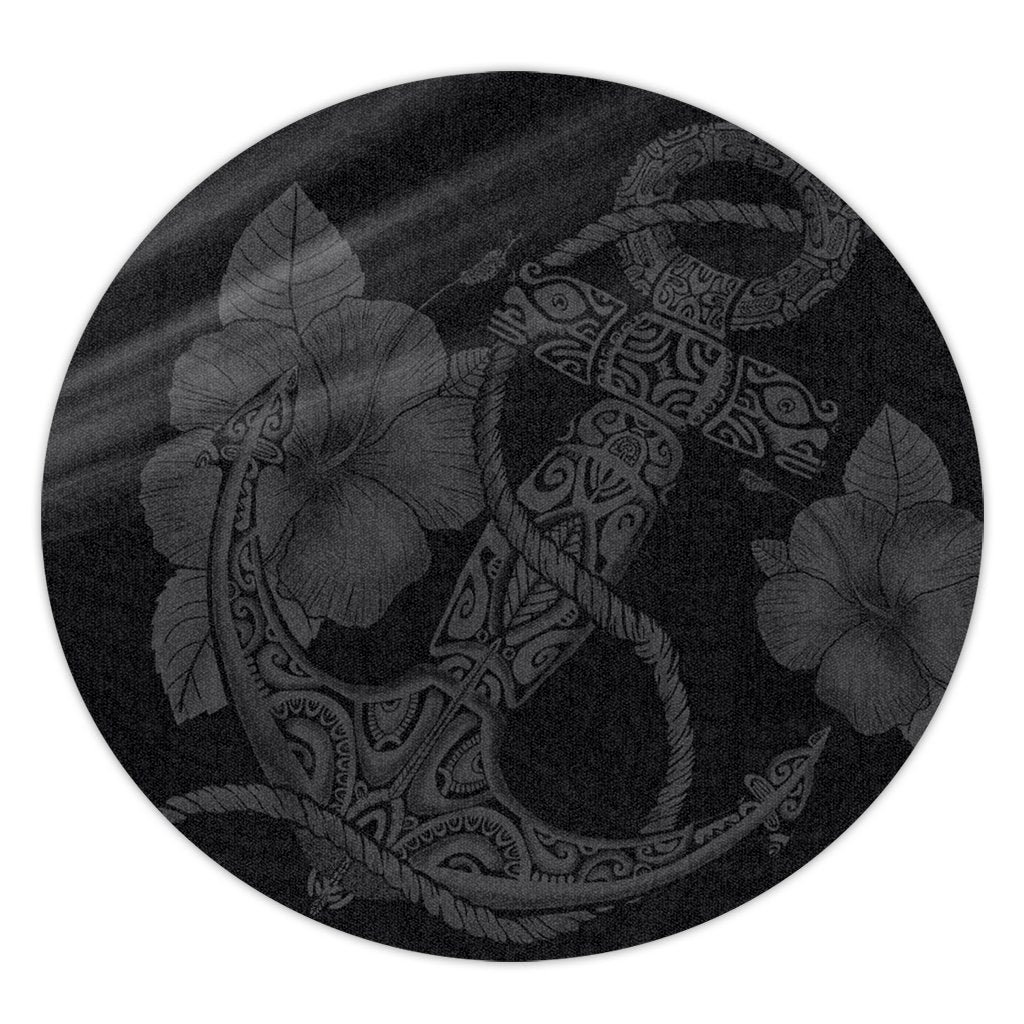 Hawaiian Anchor Poly Tribal Hibiscus Polynesian Round Carpet Gray - AH Round Carpet Luxurious Plush - Polynesian Pride