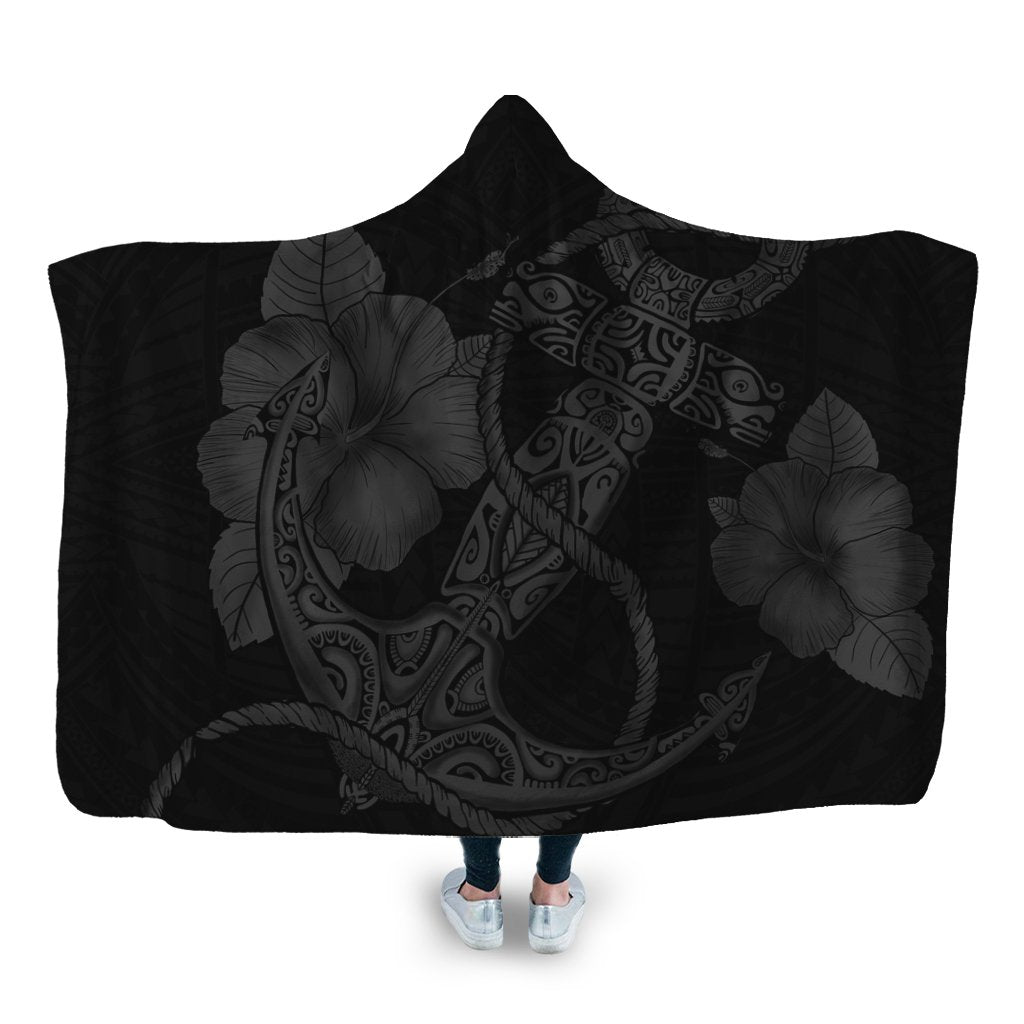 Hawaiian Anchor Poly Tribal Hibiscus Polynesian Hooded Blanket Gray - AH Hooded Blanket White - Polynesian Pride