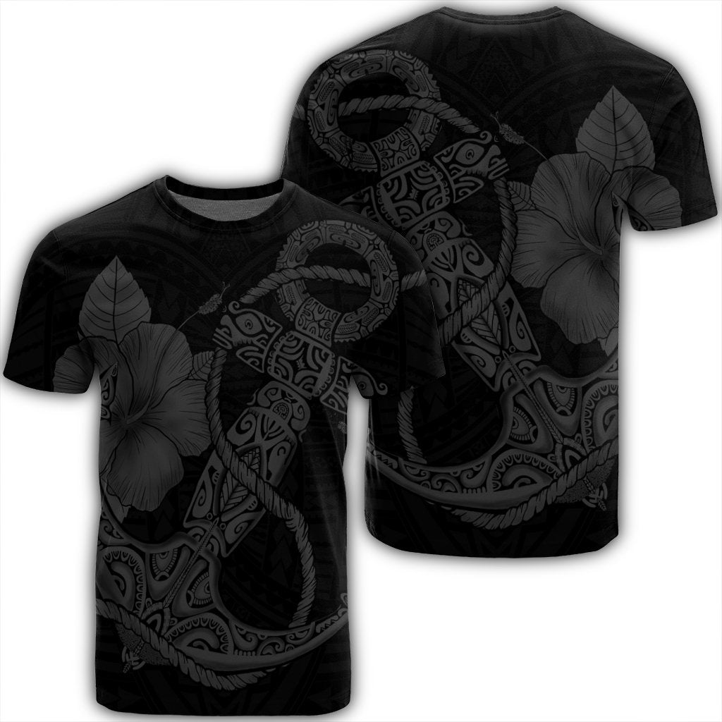 Hawaiian Anchor Poly Tribal Hibiscus Polynesian T Shirt Gray Unisex Black - Polynesian Pride