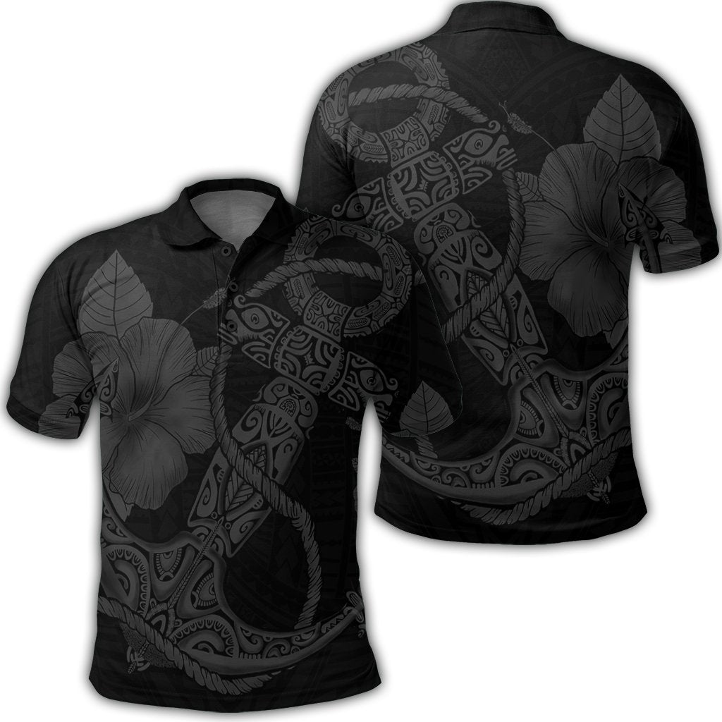 Hawaiian Anchor Poly Tribal Hibiscus Polynesian Polo Shirt Gray Unisex Black - Polynesian Pride