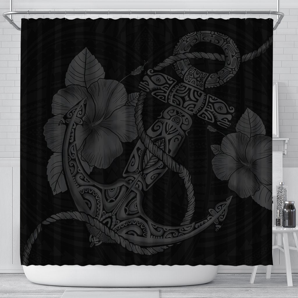 Hawaiian Anchor Poly Tribal Hibiscus Polynesian Shower Curtain Gray - AH 177 x 172 (cm) Black - Polynesian Pride