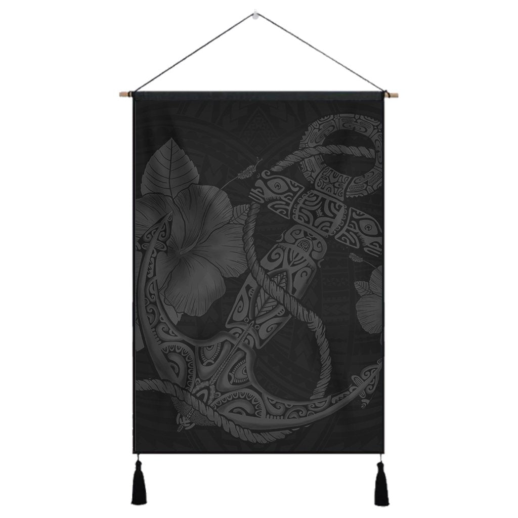 Hawaiian Anchor Poly Tribal Hibiscus Polynesian Hanging Poster Gray - AH Hanging Poster Cotton And Linen - Polynesian Pride