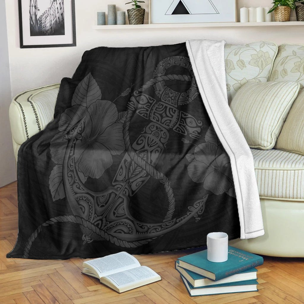 Hawaiian Anchor Poly Tribal Hibiscus Polynesian Premium Blankets Gray - AH White - Polynesian Pride