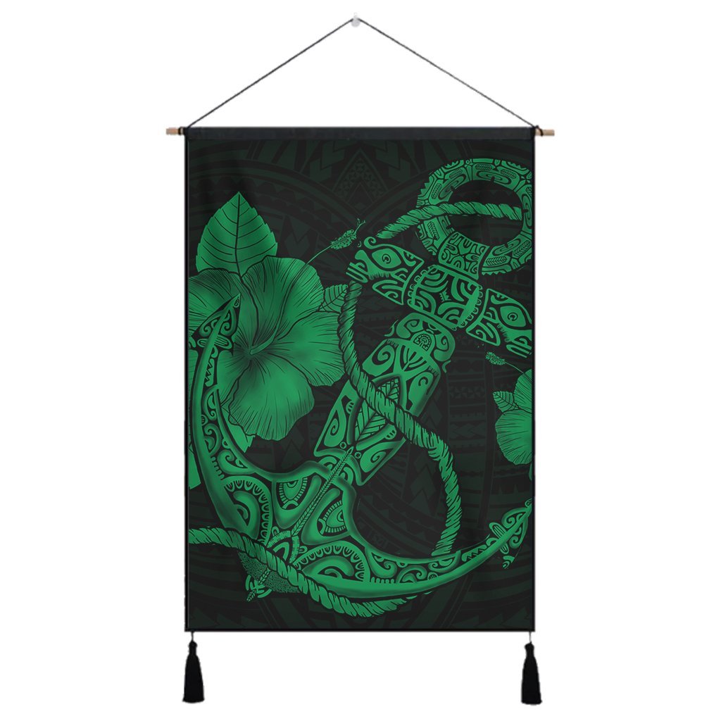 Hawaiian Anchor Poly Tribal Hibiscus Polynesian Hanging Poster Green - AH Hanging Poster Cotton And Linen - Polynesian Pride