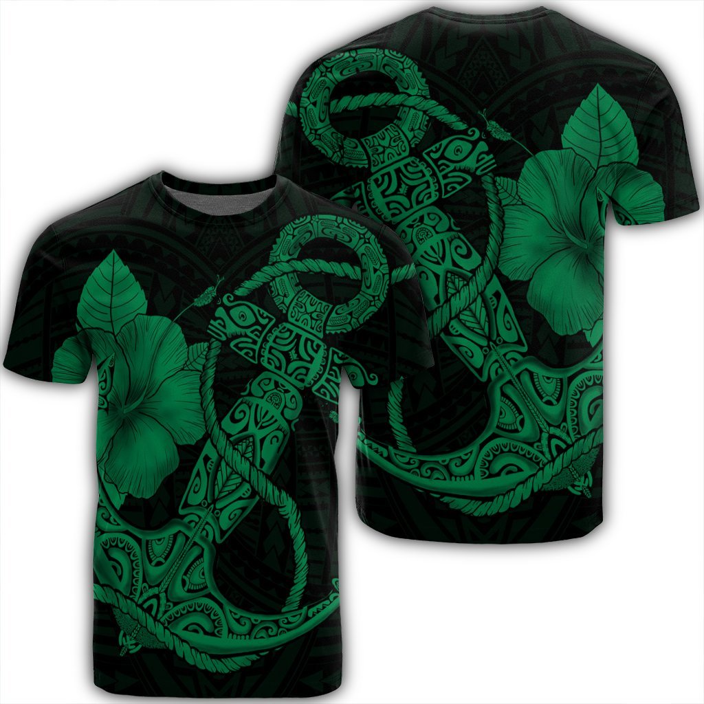 Hawaiian Anchor Poly Tribal Hibiscus Polynesian T Shirt Green Unisex Black - Polynesian Pride