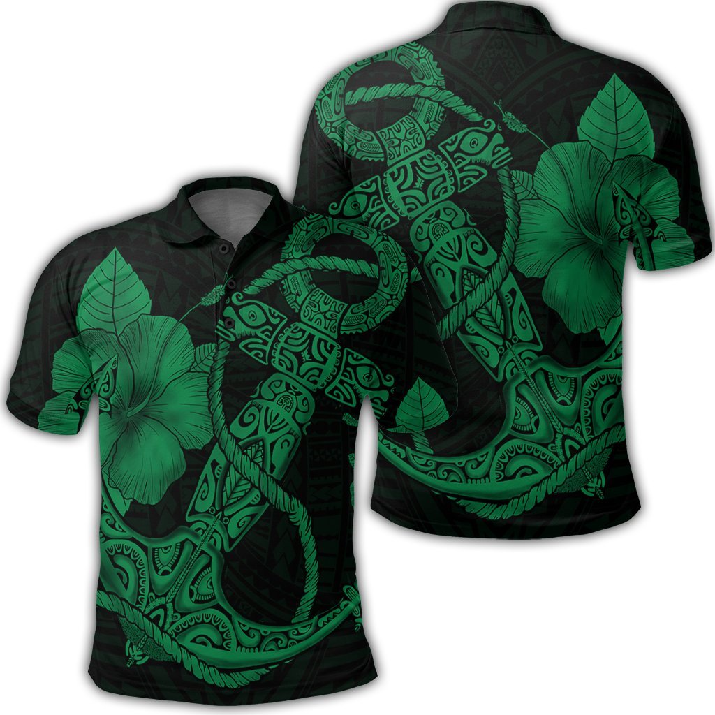 Hawaiian Anchor Poly Tribal Hibiscus Polynesian Polo Shirt Green Unisex Black - Polynesian Pride