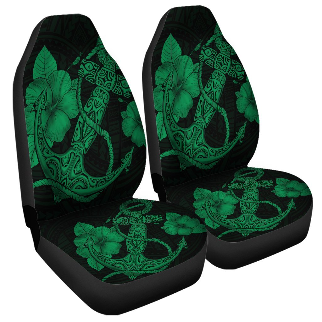 Hawaiian Anchor Poly Tribal Hibiscus Polynesian Car Seat Covers Green - AH Universal Fit Black - Polynesian Pride