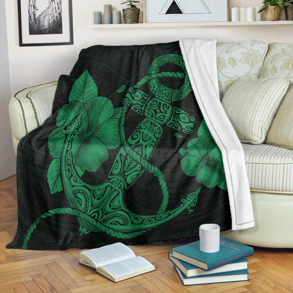 Hawaiian Anchor Poly Tribal Hibiscus Polynesian Premium Blankets Green - AH White - Polynesian Pride