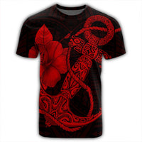 Hawaiian Anchor Poly Tribal Hibiscus Polynesian T Shirt Red - Polynesian Pride