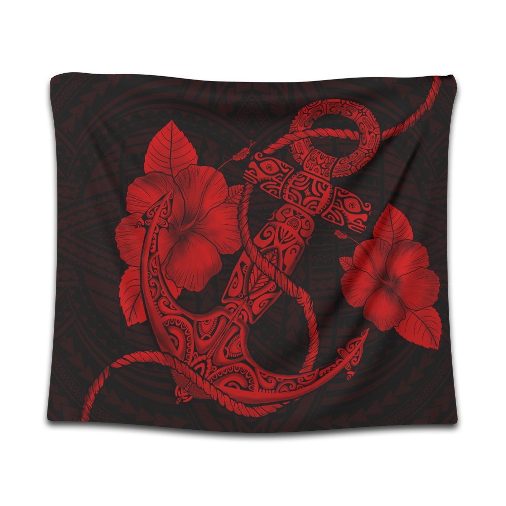 Hawaiian Anchor Poly Tribal Hibiscus Polynesian Tapestry Red - AH Wall Tapestry Black - Polynesian Pride