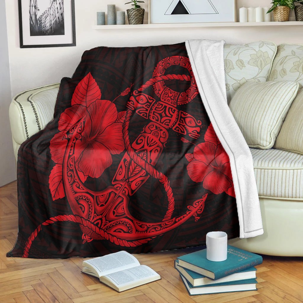 Hawaiian Anchor Poly Tribal Hibiscus Polynesian Premium Blankets Red - AH White - Polynesian Pride