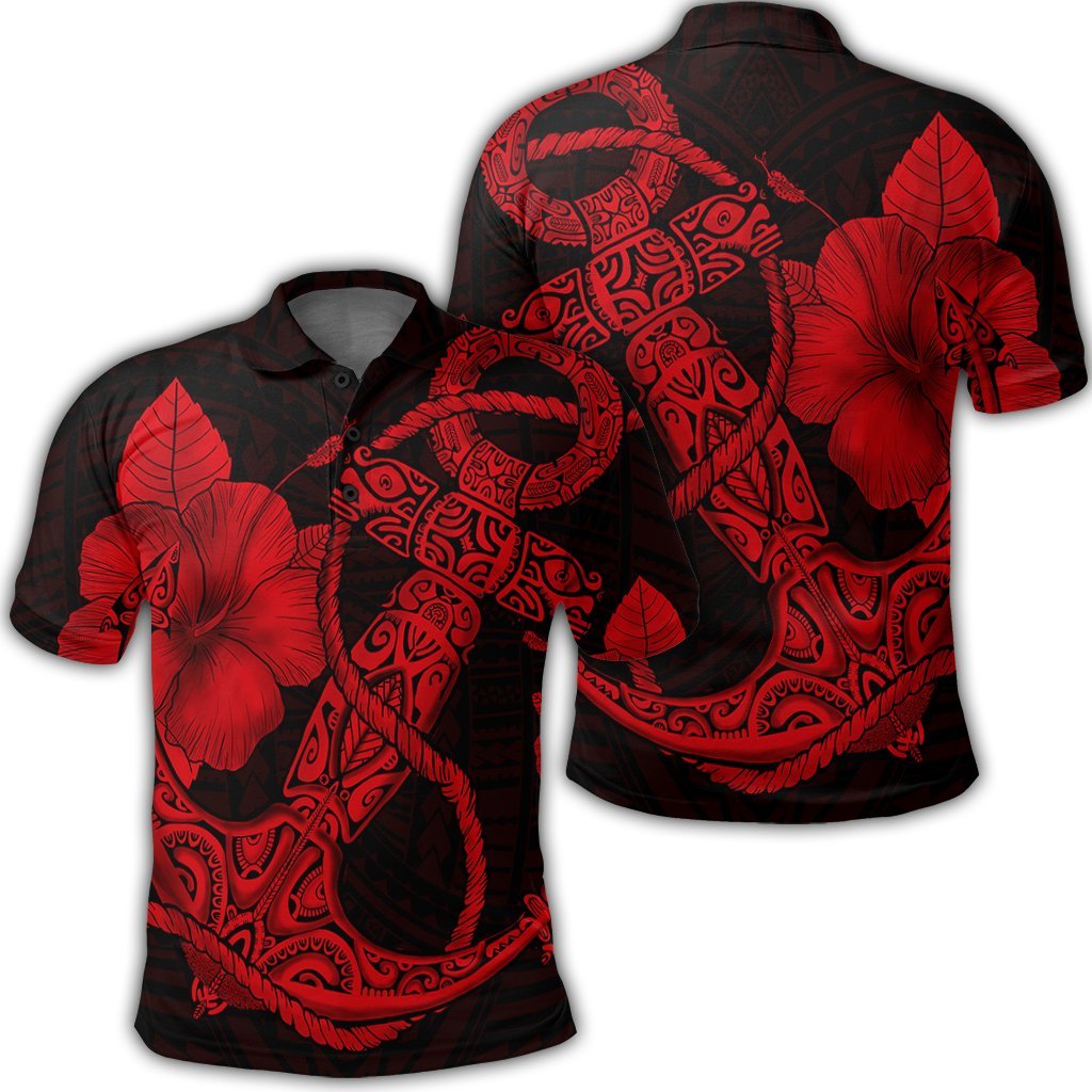 Hawaiian Anchor Poly Tribal Hibiscus Polynesian Polo Shirt Red Unisex Black - Polynesian Pride