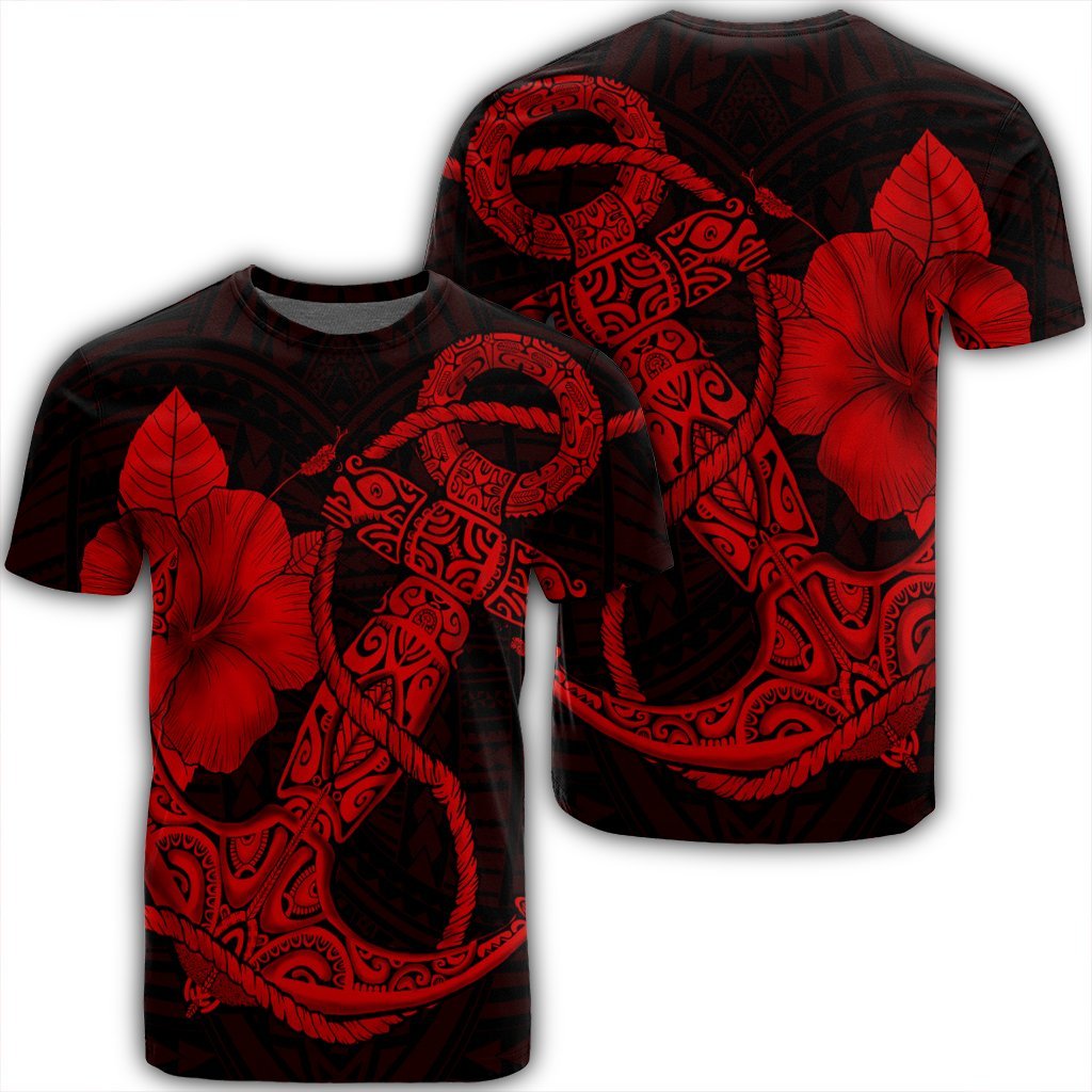 Hawaiian Anchor Poly Tribal Hibiscus Polynesian T Shirt Red Unisex Black - Polynesian Pride