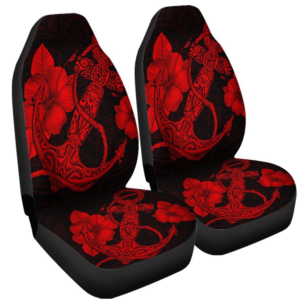 Hawaiian Anchor Poly Tribal Hibiscus Polynesian Car Seat Covers Red - AH Universal Fit Black - Polynesian Pride