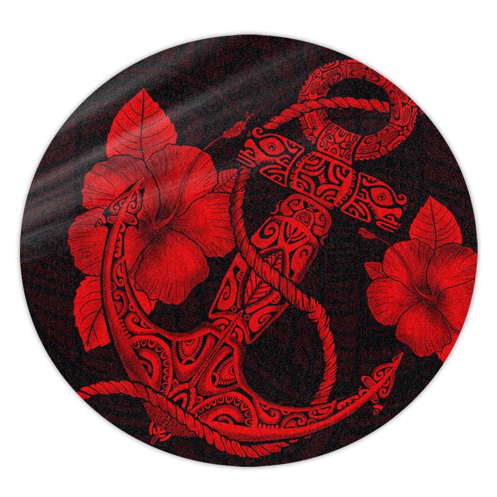 Hawaiian Anchor Poly Tribal Hibiscus Polynesian Round Carpet Red - AH Round Carpet Luxurious Plush - Polynesian Pride