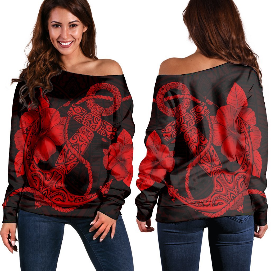 Hawaiian Anchor Poly Tribal Hibiscus Polynesian Women's Off Shoulder Sweater Red - AH Black - Polynesian Pride