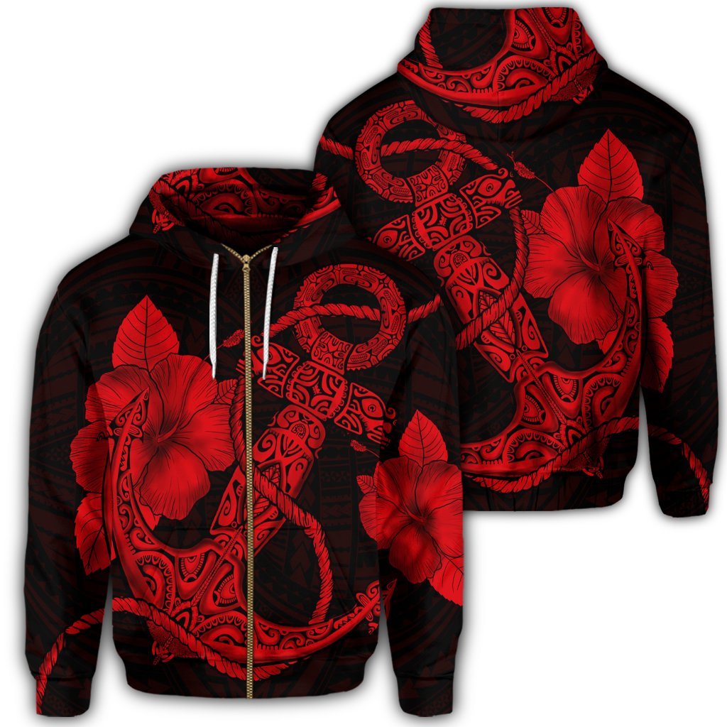 Hawaiian Anchor Poly Tribal Hibiscus Polynesian Zip Hoodie Red Unisex Art - Polynesian Pride