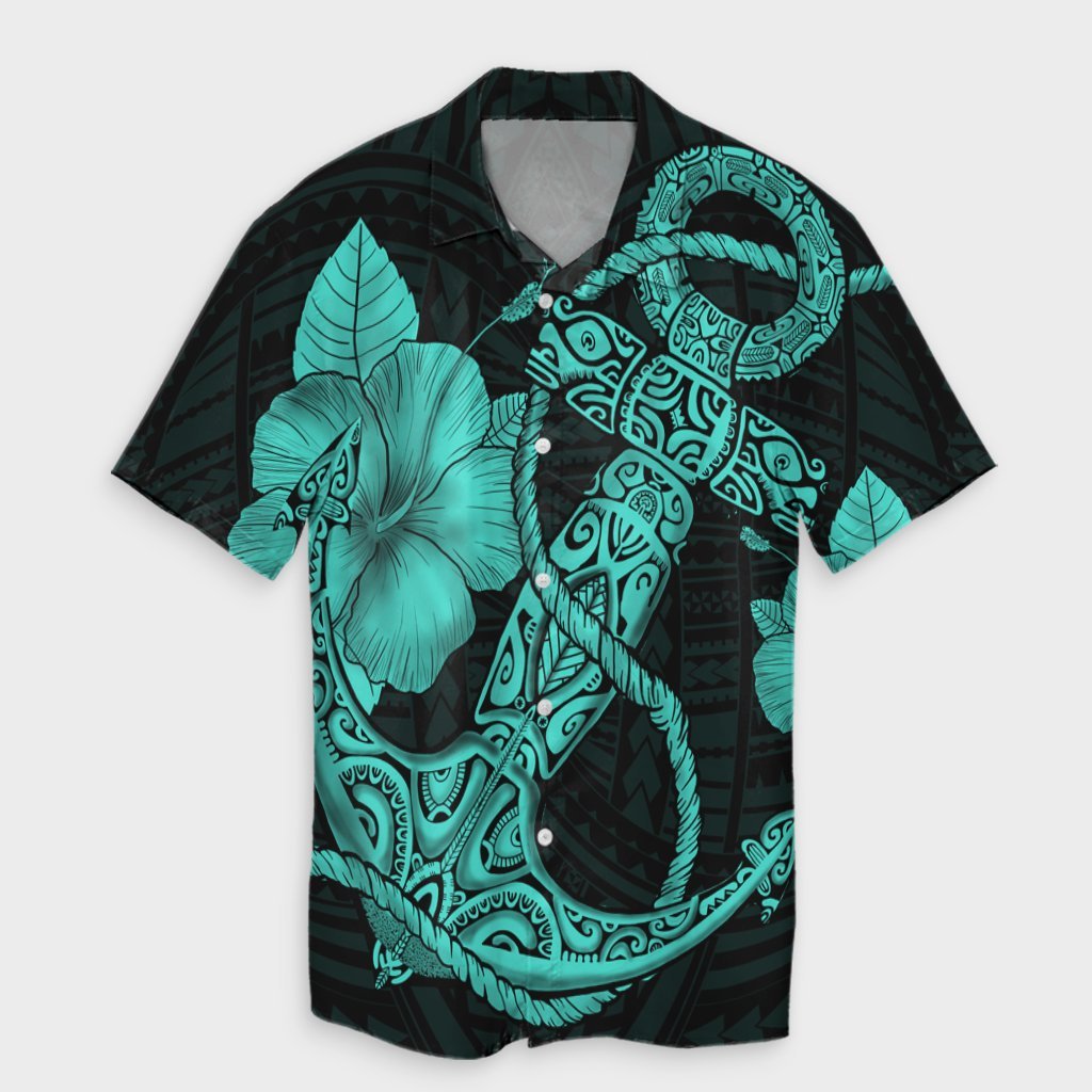 Hawaiian Anchor Poly Tribal Hibiscus Polynesian Hawaiian Shirt Turquoise - AH Unisex Black - Polynesian Pride