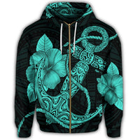 Hawaiian Anchor Poly Tribal Hibiscus Polynesian Zip Hoodie Turquoise - Polynesian Pride