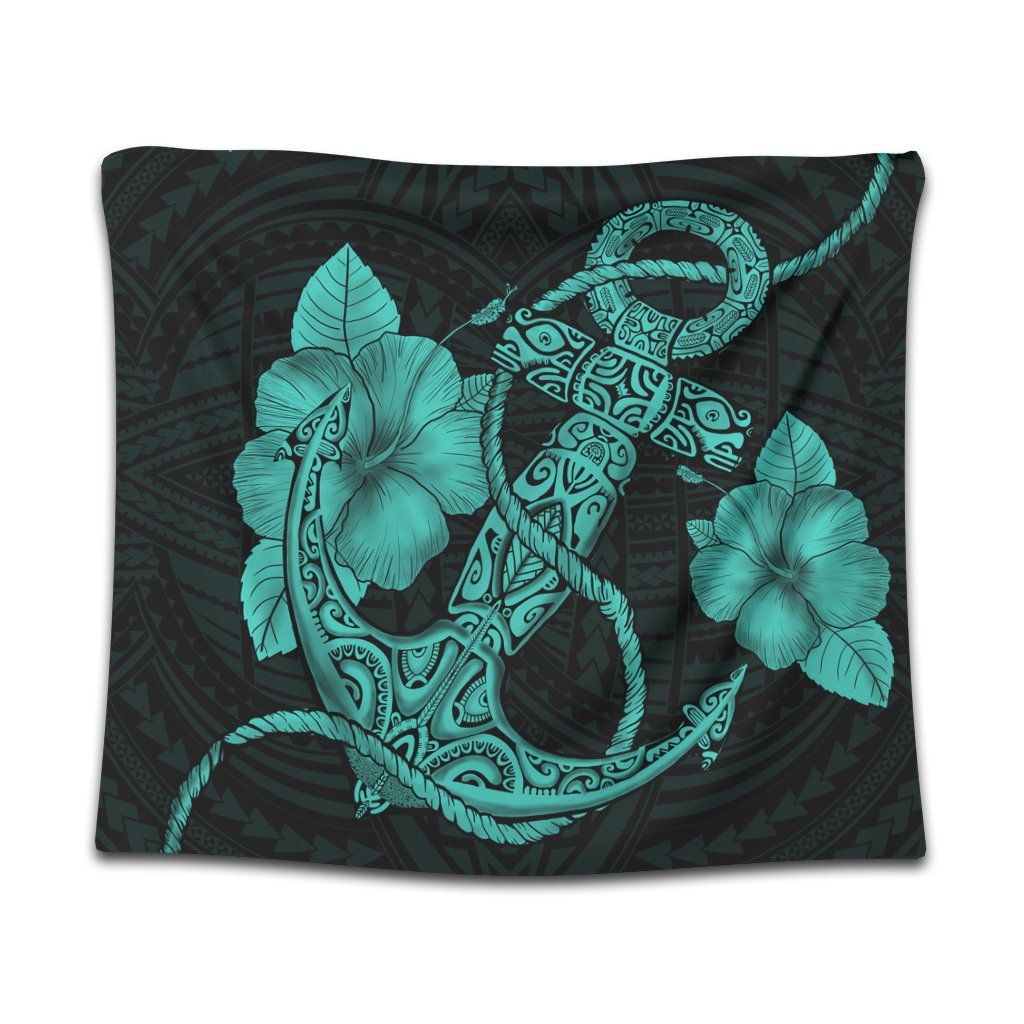 Hawaiian Anchor Poly Tribal Hibiscus Polynesian Tapestry Turquoise - AH Wall Tapestry Black - Polynesian Pride