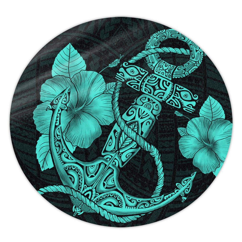 Hawaiian Anchor Poly Tribal Hibiscus Polynesian Round Carpet Turquoise - AH Round Carpet Luxurious Plush - Polynesian Pride