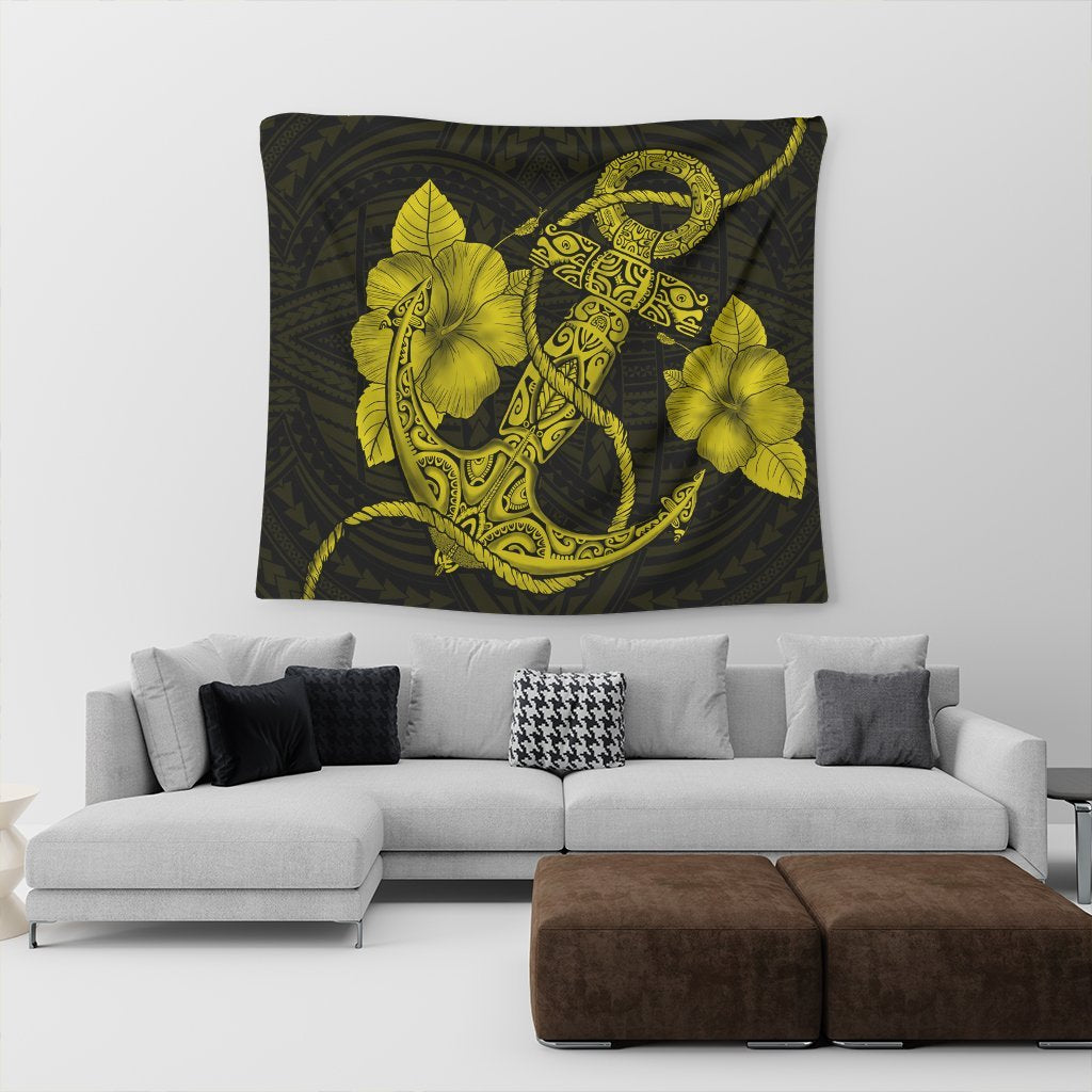 Hawaiian Anchor Poly Tribal Hibiscus Polynesian Tapestry Yellow - AH - Polynesian Pride