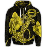 Hawaiian Anchor Poly Tribal Hibiscus Polynesian Zip Hoodie Yellow - Polynesian Pride
