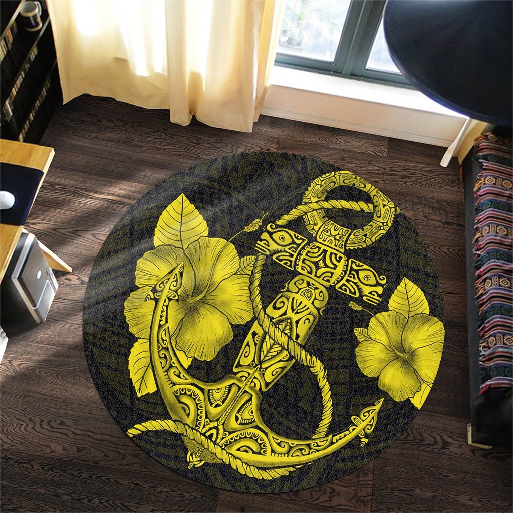 Hawaiian Anchor Poly Tribal Hibiscus Polynesian Round Carpet Yellow - AH - Polynesian Pride