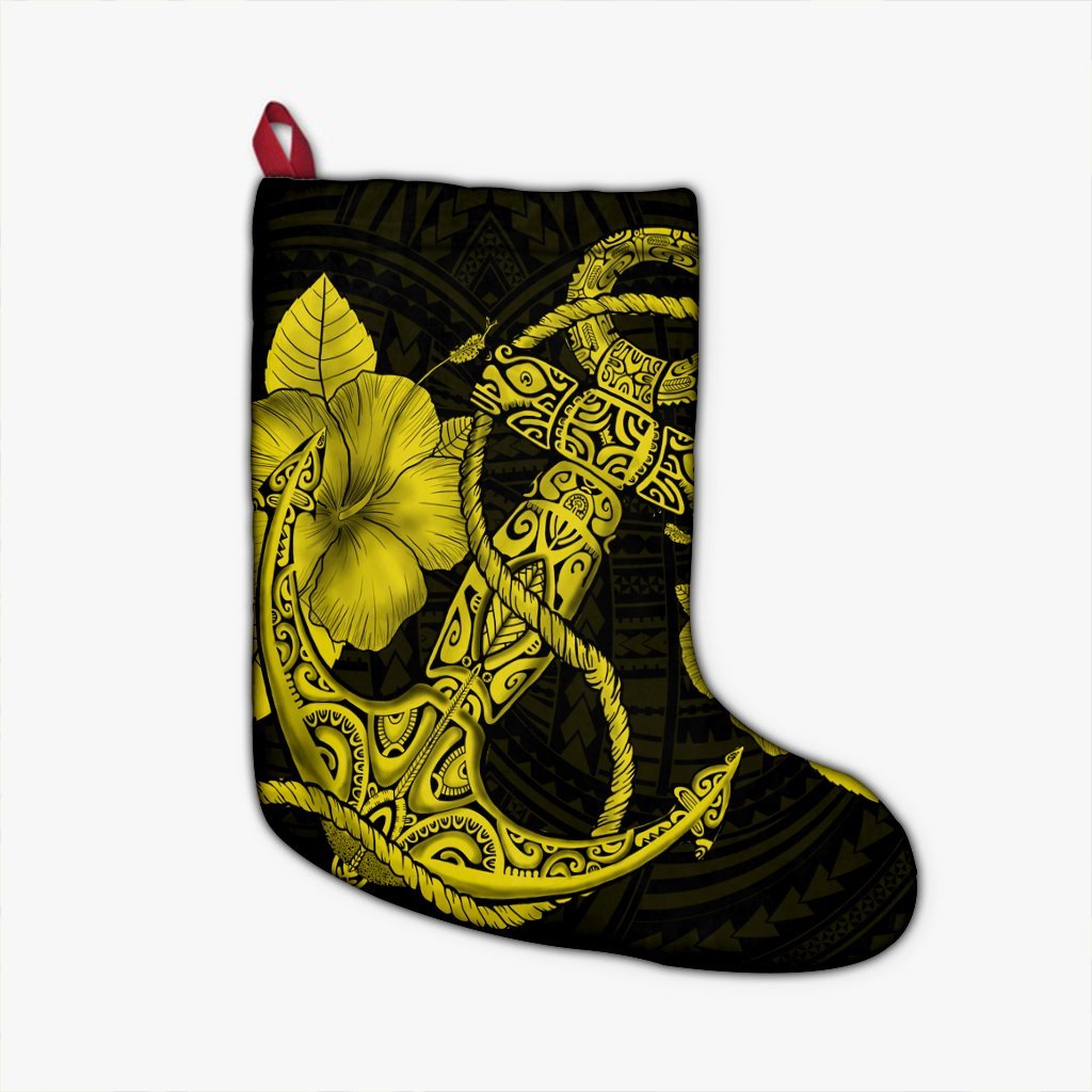 Hawaiian Anchor Poly Tribal Hibiscus Polynesian Christmas Stocking Yellow - AH Christmas Stocking 26 X 42 cm Black - Polynesian Pride