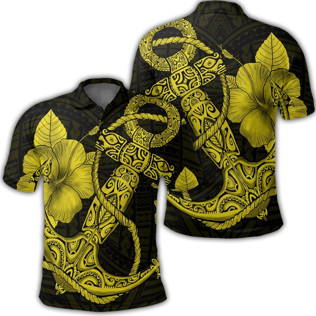 Hawaiian Anchor Poly Tribal Hibiscus Polynesian Polo Shirt Yellow Unisex Black - Polynesian Pride