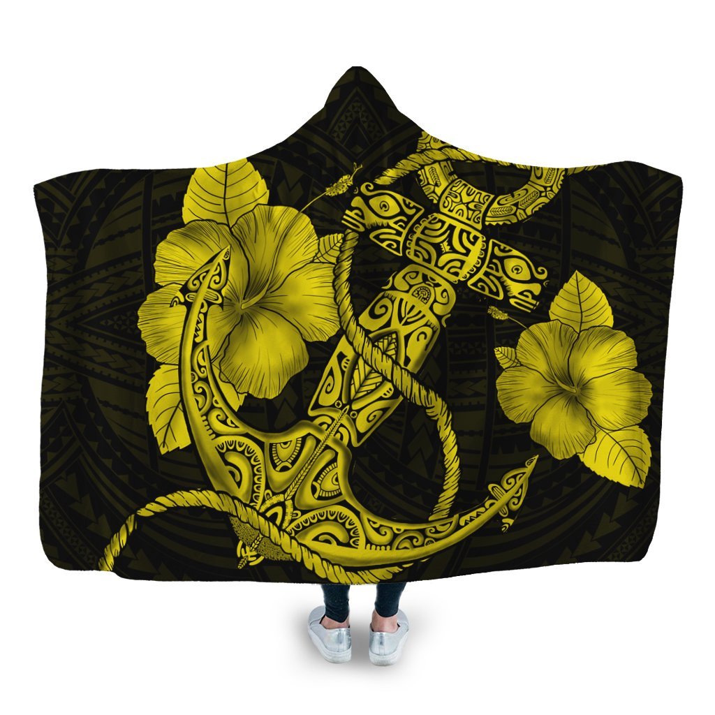 Hawaiian Anchor Poly Tribal Hibiscus Polynesian Hooded Blanket Yellow - AH Hooded Blanket White - Polynesian Pride