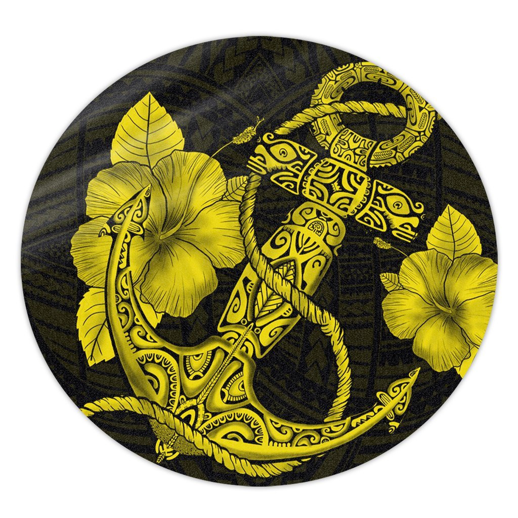 Hawaiian Anchor Poly Tribal Hibiscus Polynesian Round Carpet Yellow - AH Round Carpet Luxurious Plush - Polynesian Pride