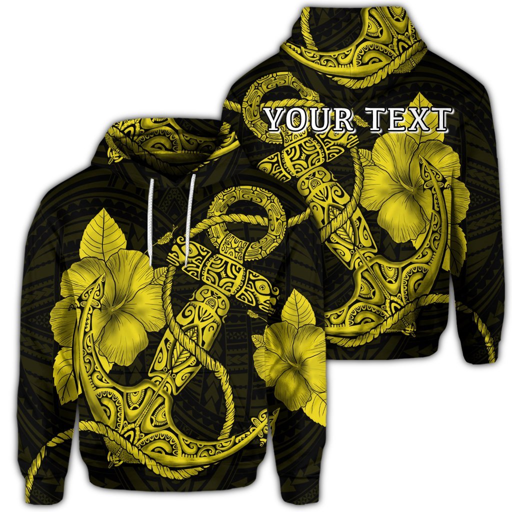 Custom Hawaiian Anchor Poly Tribal Hibiscus Polynesian Hoodie Yellow Unisex Art - Polynesian Pride