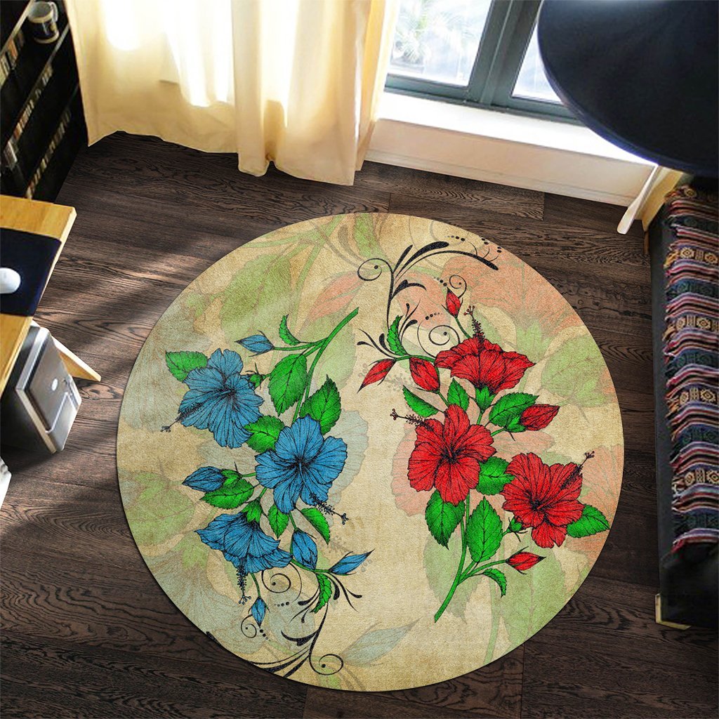 Hawaiian Blue And Red Hibiscus Polynesian Round Carpet - AH - Polynesian Pride