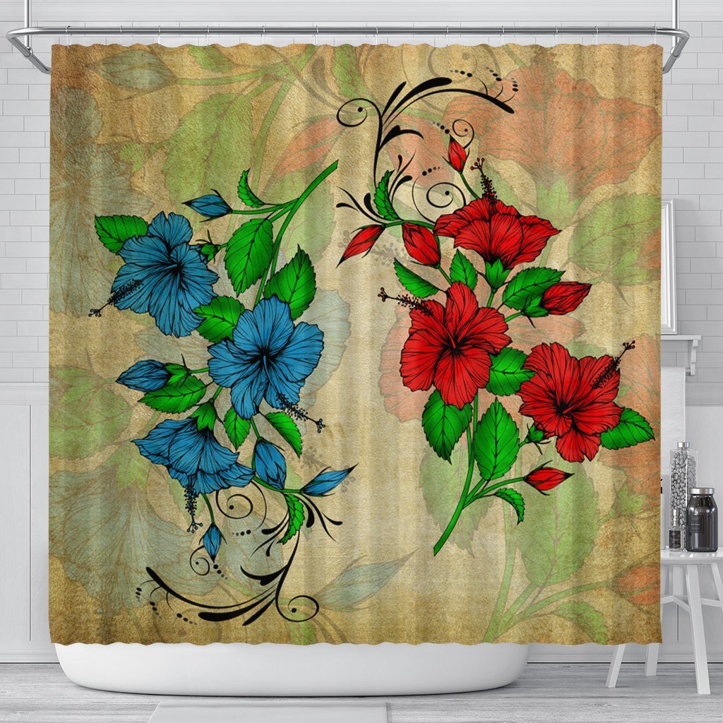 Hawaiian Blue And Red Hibiscus Polynesian Shower Curtain - AH 177 x 172 (cm) Black - Polynesian Pride