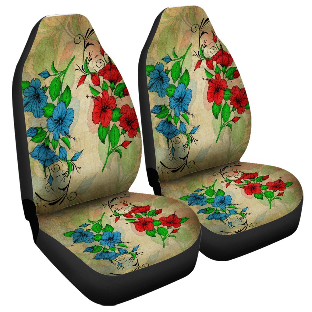 Hawaiian Blue And Red Hibiscus Polynesian Car Seat Covers - AH Universal Fit Black - Polynesian Pride