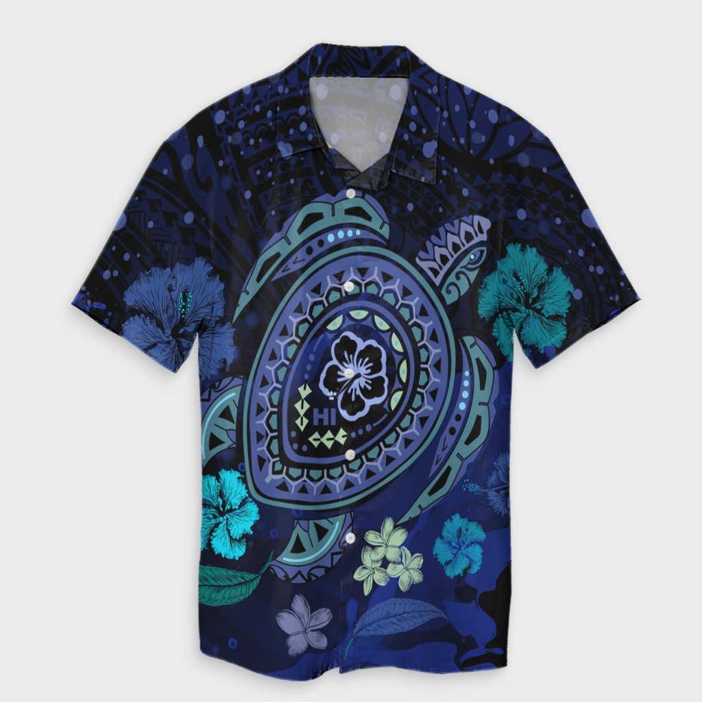 Hawaiian Blue Ocean Honu And Flowers Hawaiian Shirt AH Unisex Black - Polynesian Pride