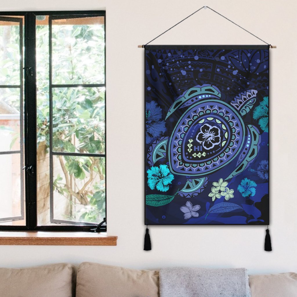 Hawaiian Blue Ocean Honu And Flowers Hanging Poster AH - Polynesian Pride
