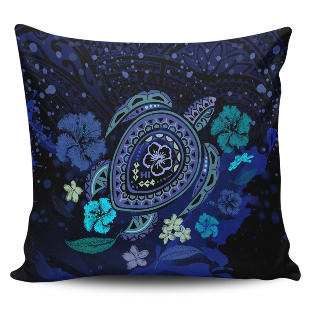 Hawaiian Blue Ocean Honu And Flowers Pillow Covers AH Pillow Covers Black - Polynesian Pride