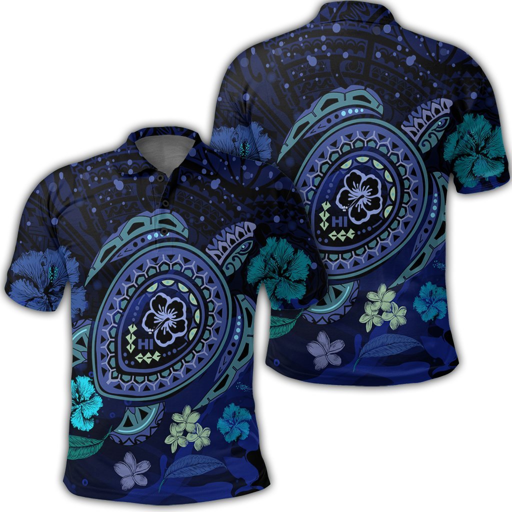 Hawaiian Blue Ocean Honu and Flowers Polo Shirt Unisex Black - Polynesian Pride