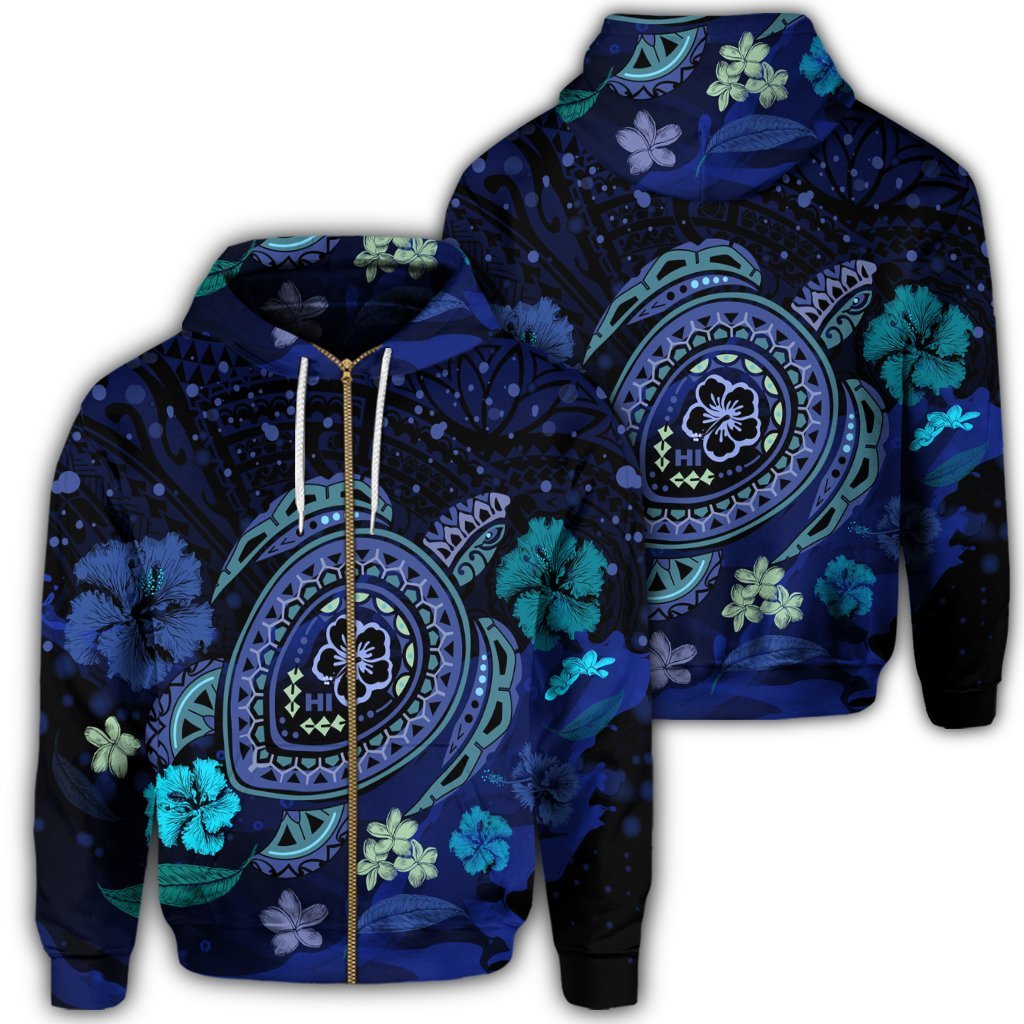 Hawaiian Blue Ocean Honu and Flowers Zip Hoodie Unisex Art - Polynesian Pride