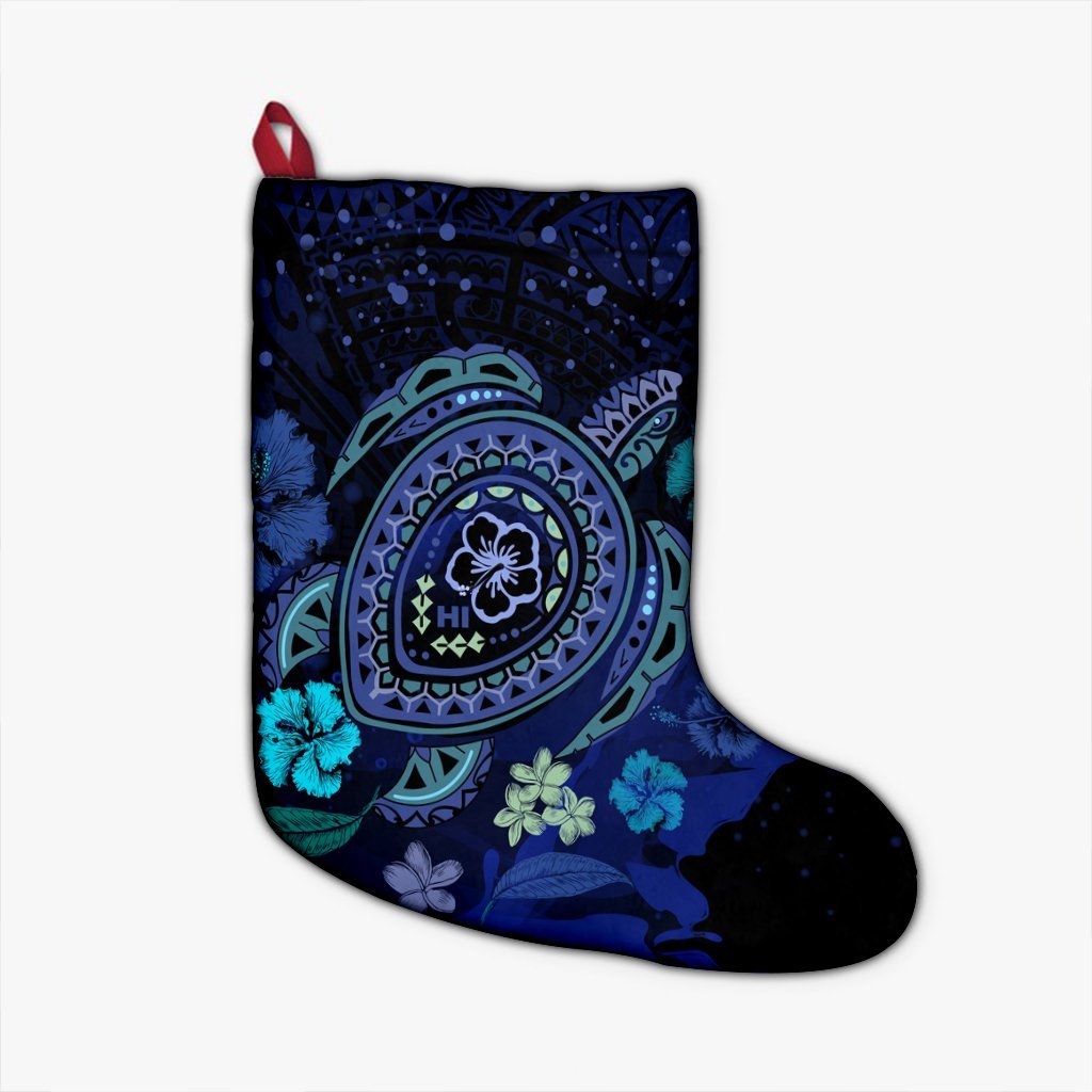 Hawaiian Blue Ocean Honu And Flowers Christmas Stocking AH Christmas Stocking 26 X 42 cm Black - Polynesian Pride