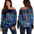 Hawaiian Blue Ocean Honu And Flowers Women's Off Shoulder Sweater AH Black - Polynesian Pride