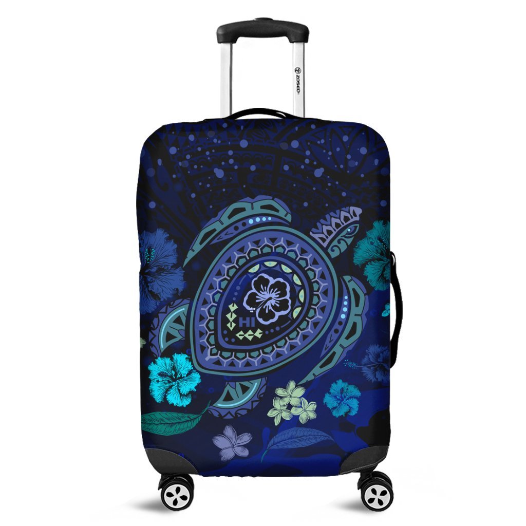 Hawaiian Blue Ocean Honu And Flowers Luggage Covers AH Black - Polynesian Pride