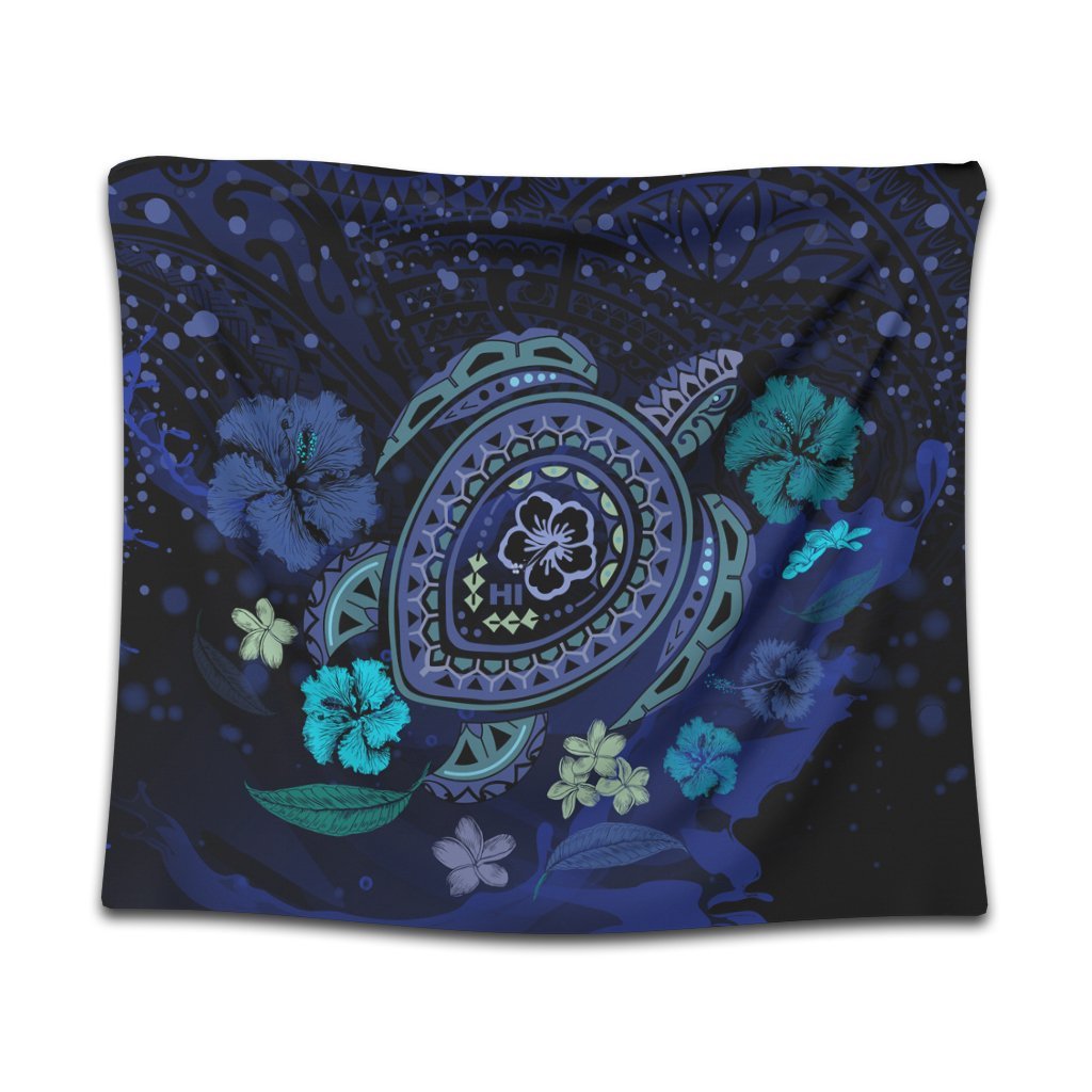 Hawaiian Blue Ocean Honu And Flowers Tapestry AH Wall Tapestry Black - Polynesian Pride