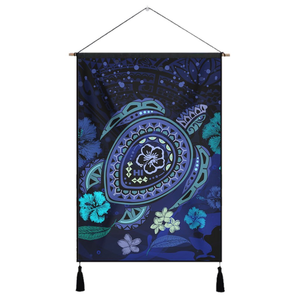 Hawaiian Blue Ocean Honu And Flowers Hanging Poster AH Hanging Poster Cotton And Linen - Polynesian Pride