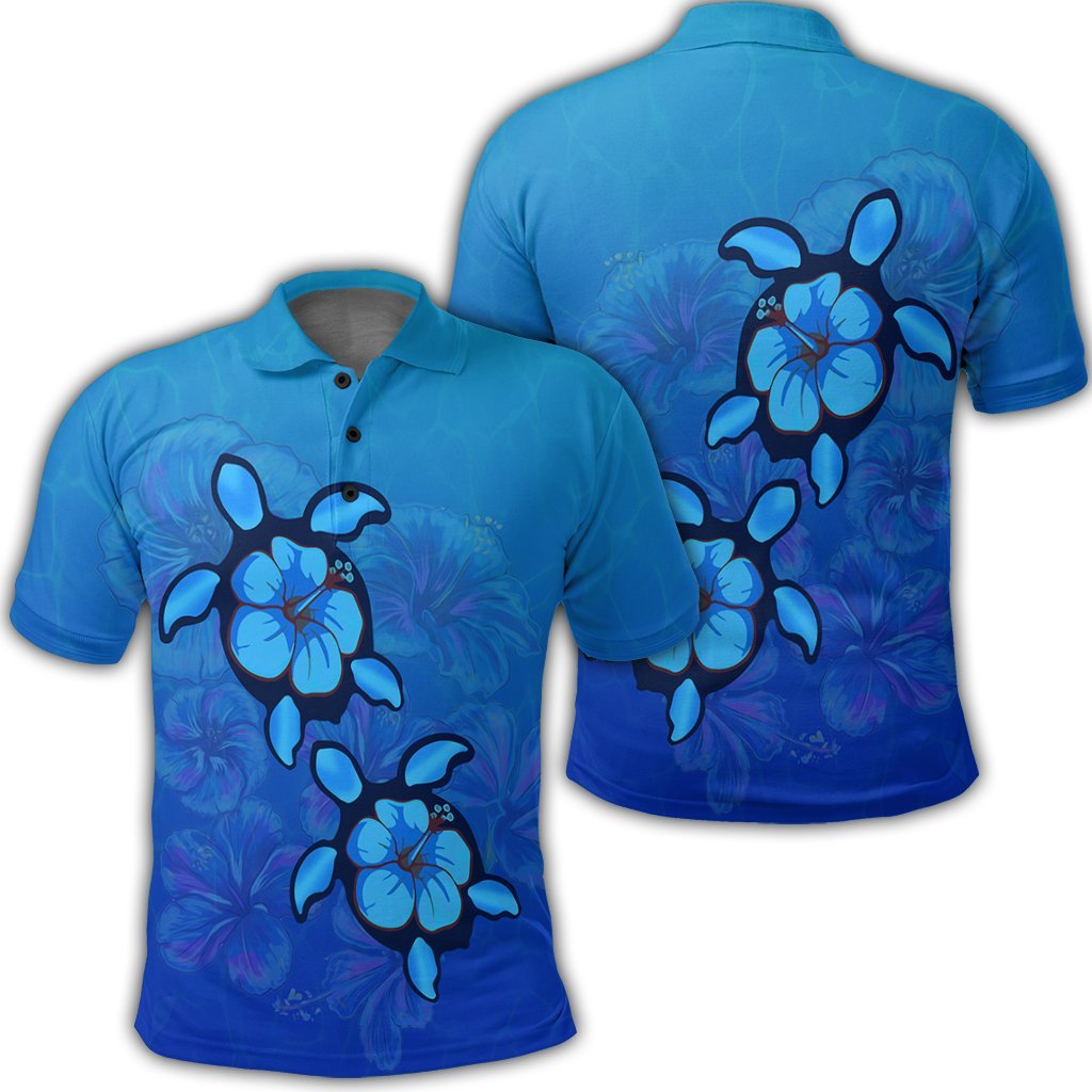 Hawaiian Blue Turtle and Hibiscus Polynesian Polo Shirt Unisex Black - Polynesian Pride