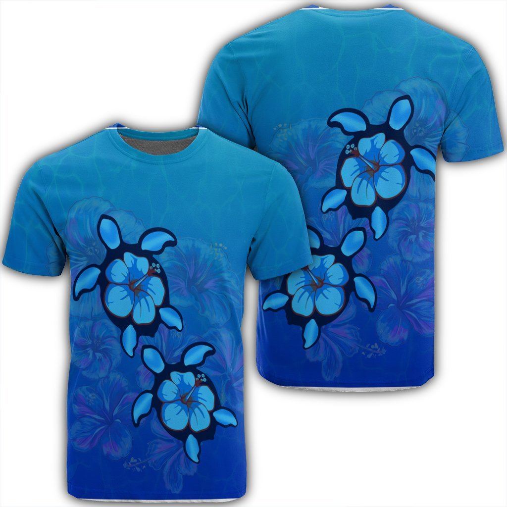 Hawaiian Blue Turtle and Hibiscus Polynesian T Shirt Unisex Black - Polynesian Pride