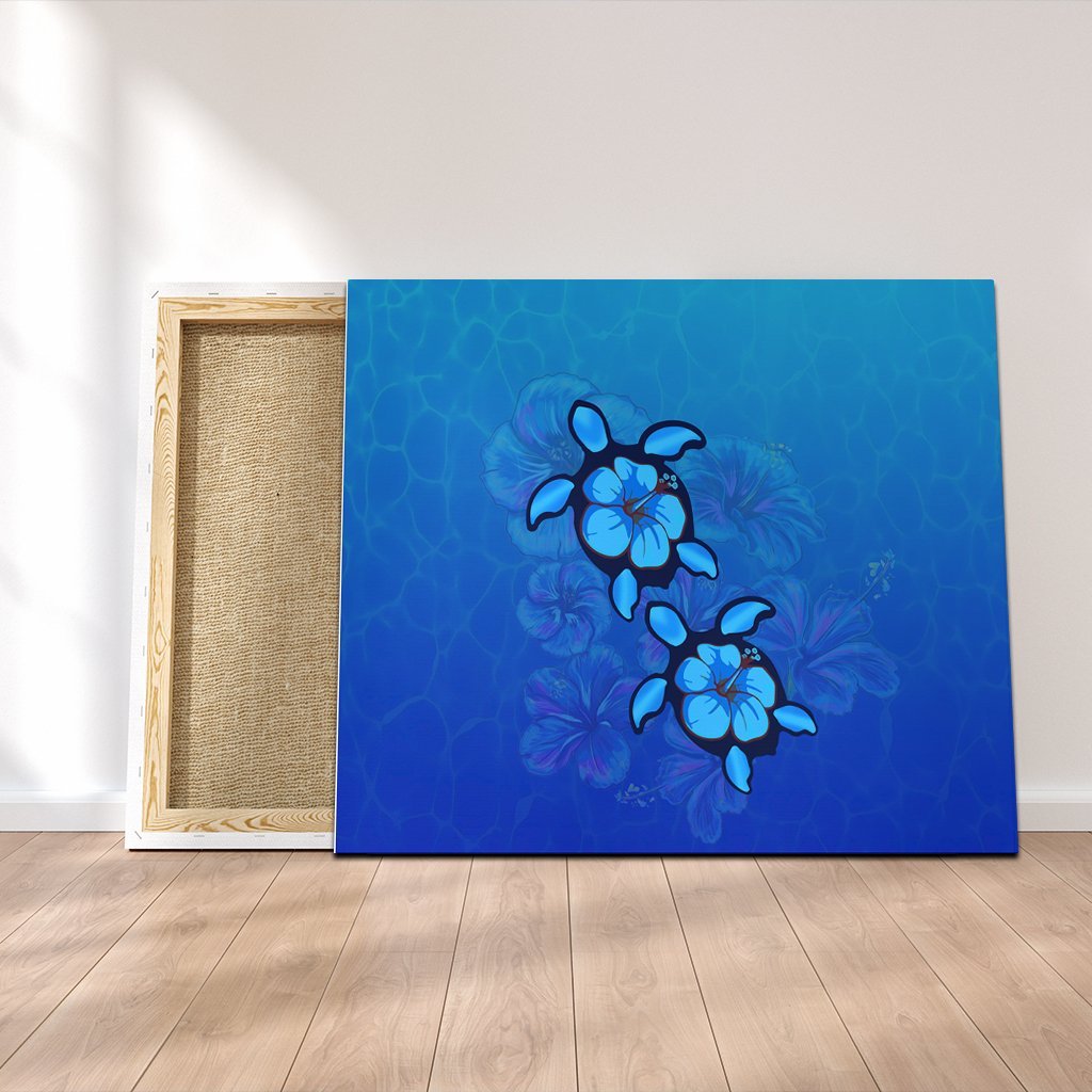 Hawaiian Blue Turtle and Hibiscus Polynesian Canvas - AH Canvas Poly-cotton - Polynesian Pride