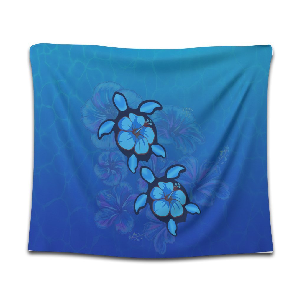 Hawaiian Blue Turtle and Hibiscus Polynesian Tapestry - AH Wall Tapestry Black - Polynesian Pride